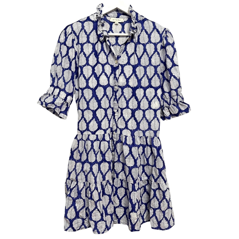 Stark X Mini Dress Womens S Blue White Leaf Print Ruffle Tiered Button Boho Chic
